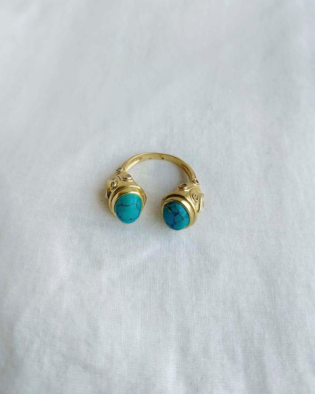 Turquoise double stone gold plated ring front view