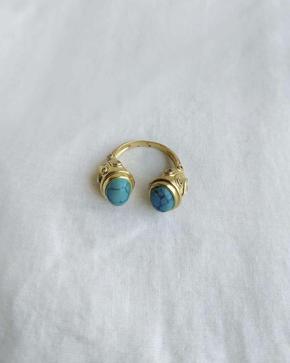 Turquoise double stone gold plated ring front view
