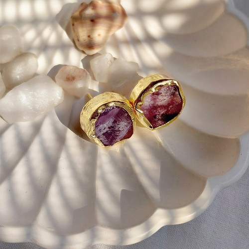 Natural Amethyst Stone Stud Earrings with 18K gold plating