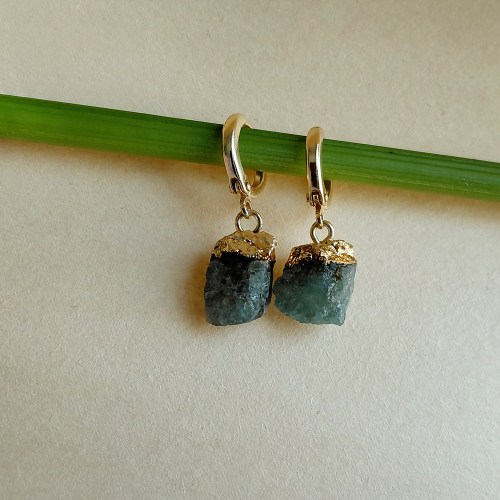 Raw Emerald Huggie Earrings with 18K gold plating
