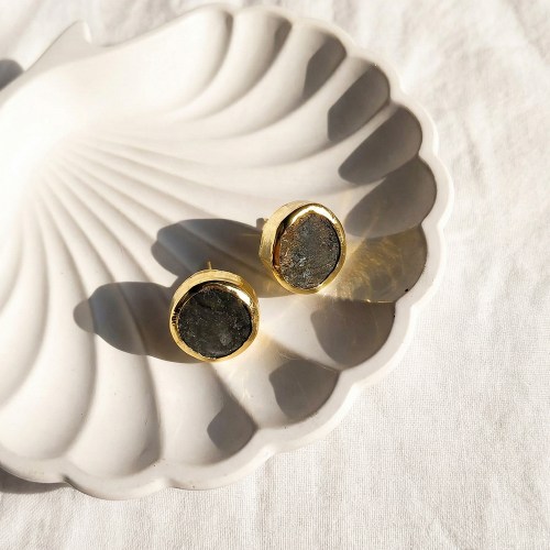 Black Druzy Gold Stud Earrings - Elegant 18K Gold Jewelry with Sparkling Druzy Stone