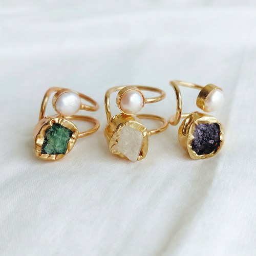 gemstone pearl open ring adjustable gold plated