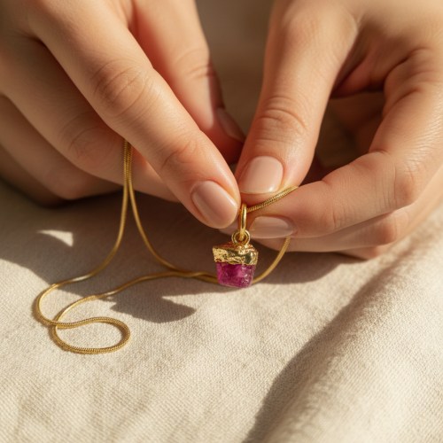 Raw Ruby Stone Necklace with 18K gold plated chain