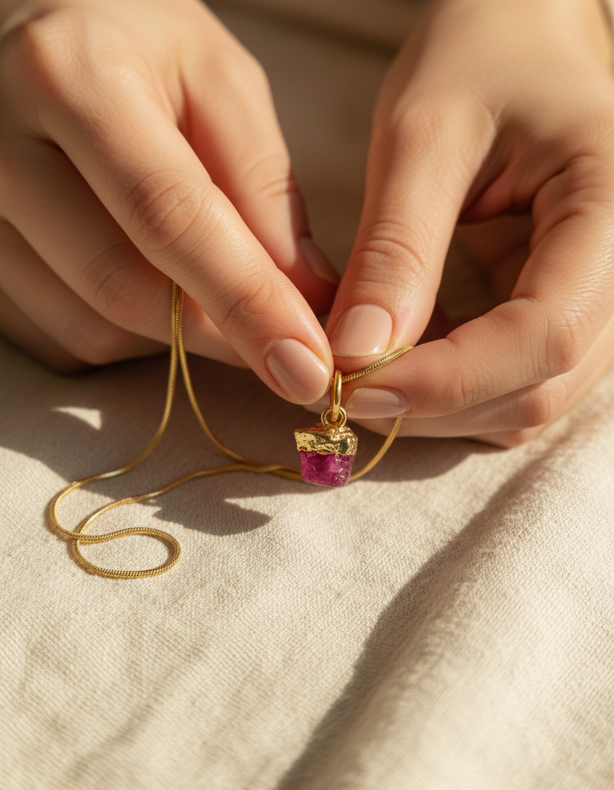 freepik__hands-necklace-detail-storytelling-minimalvibe-int__33504 Raw Ruby Stone Necklace with 18K gold plated chain