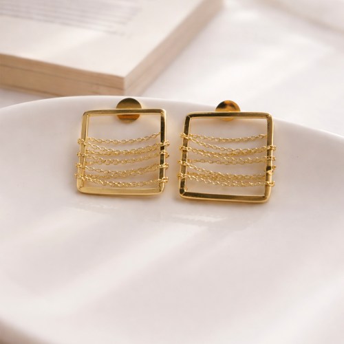 square stud earrings with chain detailing