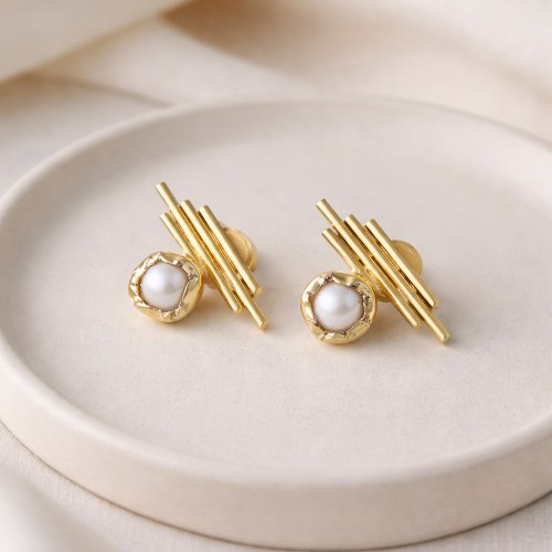 Modern Gold Pearl Geometric Stud Earrings